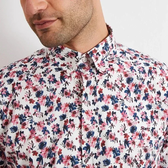 White Floral Button-up Mens Shirt - Picture 3 of 5